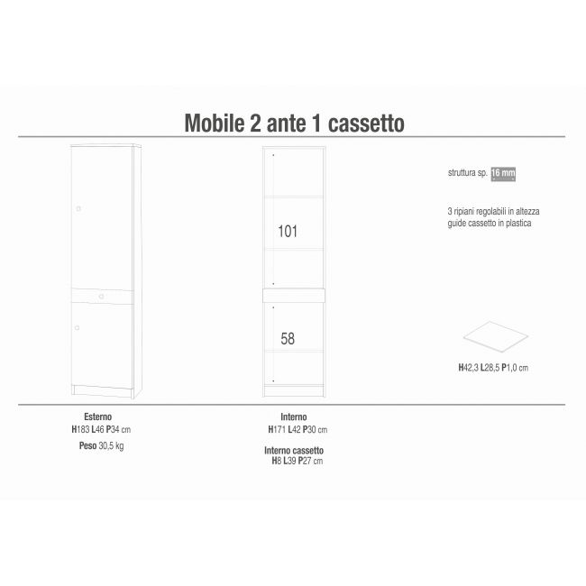 TRACK - mobile colonna portaoggetti a due ante ed un cassetto