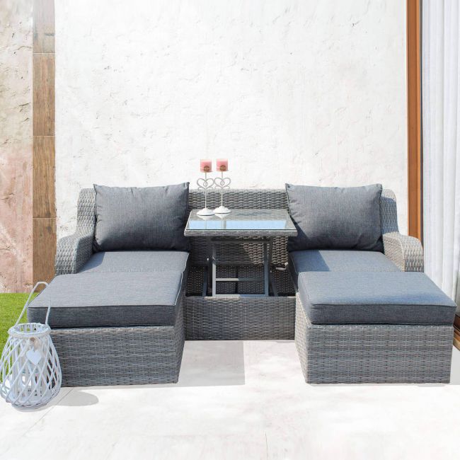 GRANDIS - divano da giardino con 2 pouf completo di cuscino intreccio in rattan sintetico